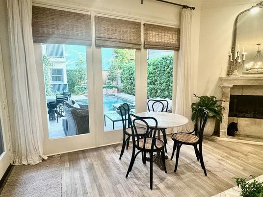 Dining room, Fireplace, Interior, Wood Texture Flooring