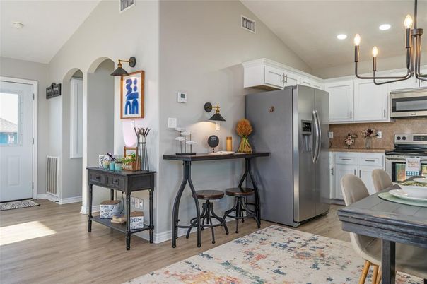 Interior, Kitchen, Pendant Lights, Recessed Lighting, Stainless Steel Appliances, Wood Texture Flooring