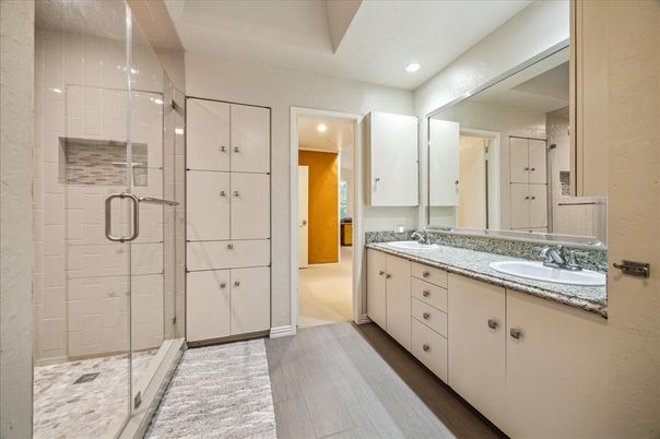 Bathroom, Dual Sink Vanities, Glass Shower, Interior, Recessed Lighting