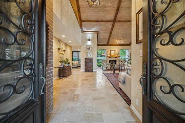 Fireplace, Interior, Living room, Recessed Lighting, Wooden Ceilings