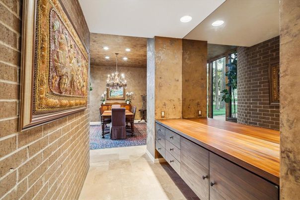 Chandelier, Dining room, Interior, Recessed Lighting, Stone Walls