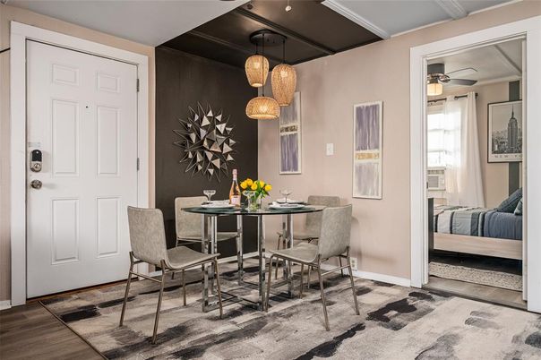 Dining room, Interior, Pendant Lights, Wood Texture Flooring
