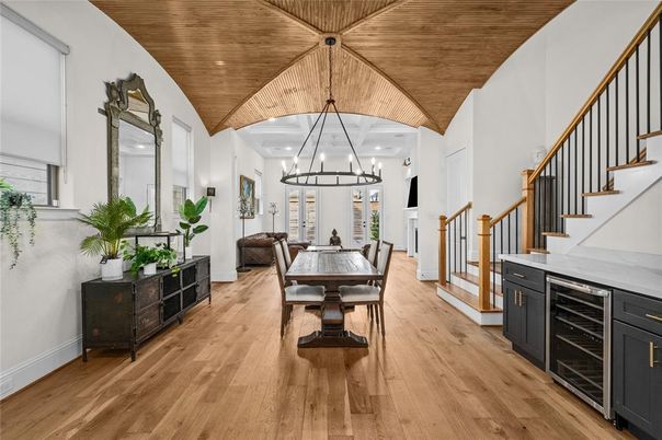 Chandelier, Dining room, Interior, Pendant Lights, Wooden Ceilings, Wood Texture Flooring
