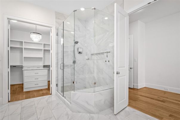 Bathroom, Chandelier, Glass Shower, Interior, Marble, Marble Walls, Wood Texture Flooring