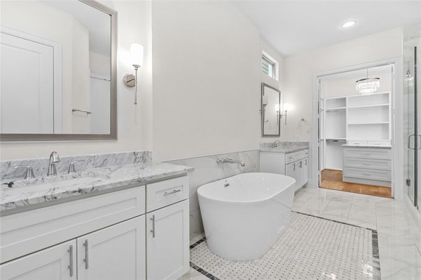 Bathroom, Dual Sink Vanities, Free Standing Baths, Interior, Marble, Recessed Lighting, Walk-in Closets