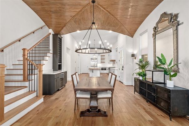 Chandelier, Dining room, Interior, Kitchen, Pendant Lights, Wooden Ceilings, Wood Texture Flooring
