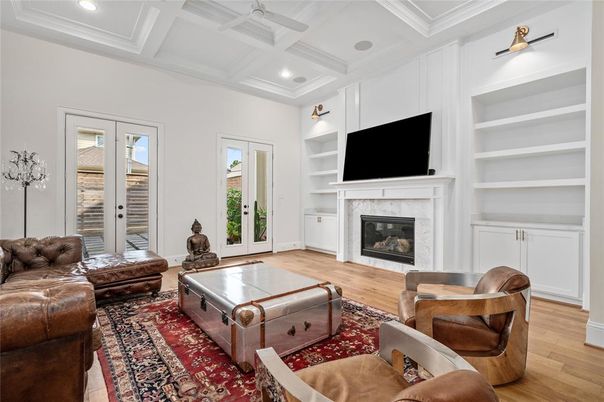 Fireplace, Interior, Living room, Recessed Lighting, Wood Texture Flooring