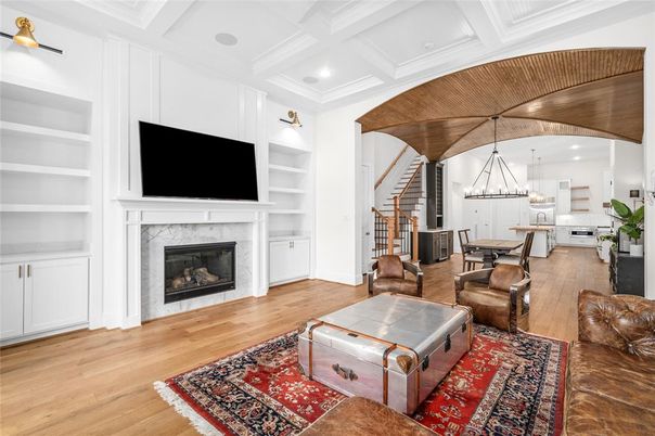 Dining room, Fireplace, Interior, Kitchen, Living room, Pendant Lights, Recessed Lighting, Wood Texture Flooring