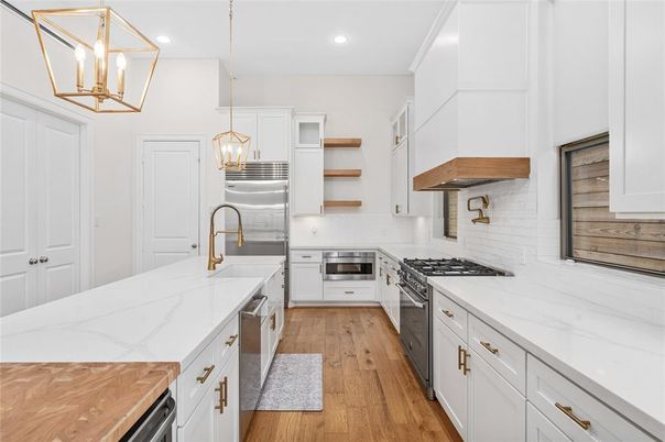 Interior, Kitchen, Pendant Lights, Recessed Lighting, Stainless Steel Appliances, Wood Texture Flooring