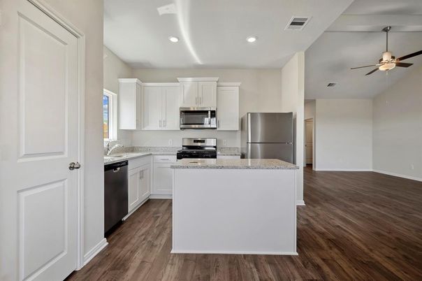 Interior, Kitchen, Recessed Lighting, Stainless Steel Appliances, Wood Texture Flooring