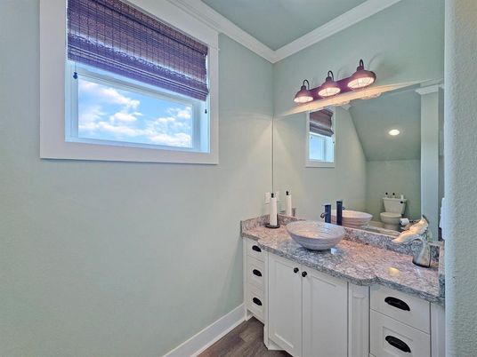 Bathroom, Dual Sink Vanities, Interior, Recessed Lighting, Wood Texture Flooring