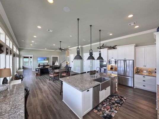 Dining room, Interior, Kitchen, Living room, Pendant Lights, Recessed Lighting, Stainless Steel Appliances, Wood Texture Flooring