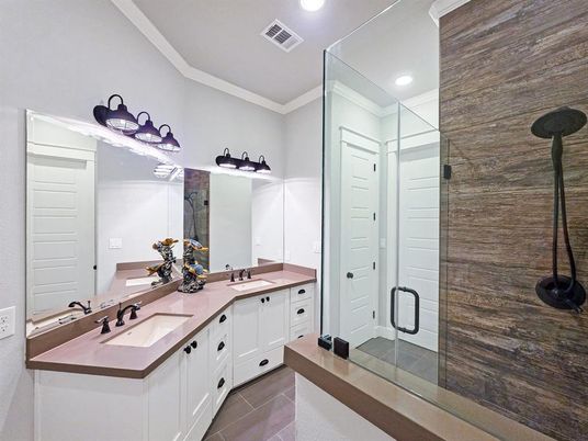 Bathroom, Dual Sink Vanities, Glass Shower, Interior, Recessed Lighting