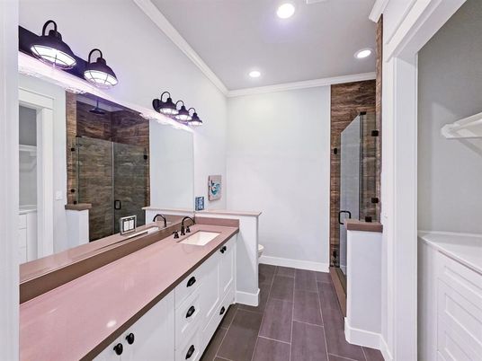 Bathroom, Dual Sink Vanities, Glass Shower, Interior, Recessed Lighting