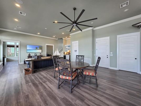 Dining room, Interior, Living room, Pendant Lights, Recessed Lighting, Wood Texture Flooring