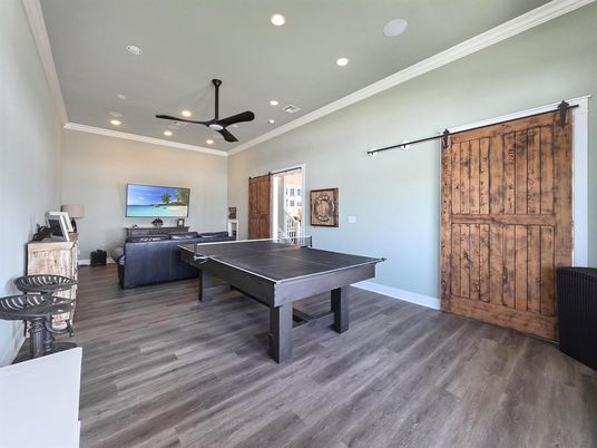 Game Room, Interior, Pendant Lights, Recessed Lighting, Wood Texture Flooring