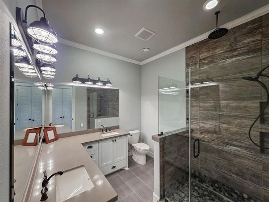 Bathroom, Dual Sink Vanities, Glass Shower, Interior, Recessed Lighting