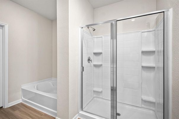 Bathroom, Glass Shower, Interior, Recessed Lighting, Wood Texture Flooring