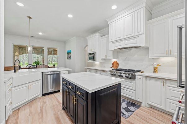 Interior, Kitchen, Pendant Lights, Recessed Lighting, Stainless Steel Appliances, Wood Texture Flooring
