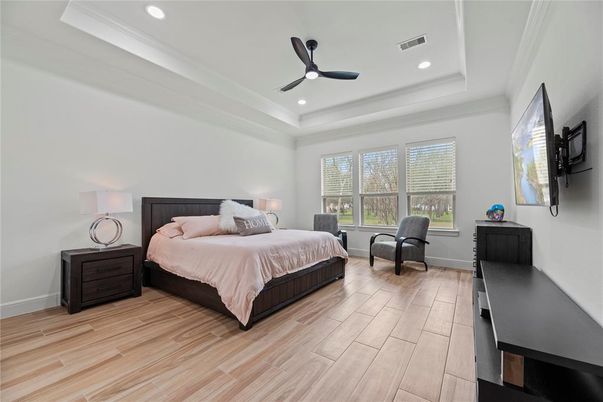Bedroom, Interior, Recessed Lighting, Wood Texture Flooring