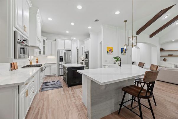 Interior, Kitchen, Pendant Lights, Recessed Lighting, Stainless Steel Appliances, Wood Texture Flooring