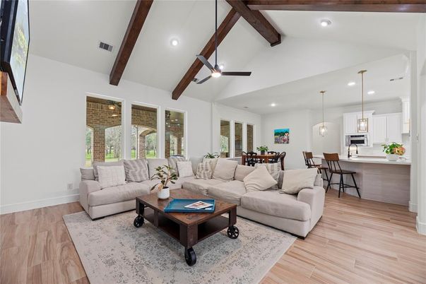 Dining room, Interior, Kitchen, Living room, Pendant Lights, Recessed Lighting, Wooden Beams, Wood Texture Flooring