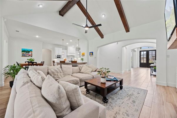 Dining room, Interior, Kitchen, Living room, Pendant Lights, Recessed Lighting, Wooden Beams, Wood Texture Flooring
