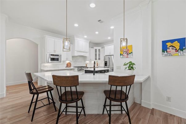 Interior, Kitchen, Pendant Lights, Recessed Lighting, Stainless Steel Appliances, Wood Texture Flooring