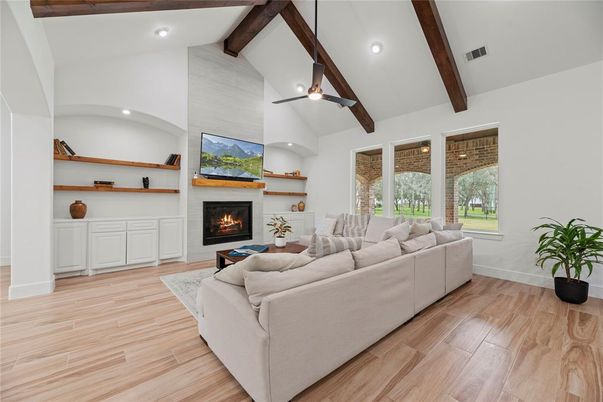 Fireplace, Interior, Living room, Recessed Lighting, Wooden Beams, Wood Texture Flooring