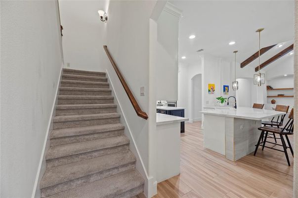 Interior, Kitchen, Pendant Lights, Recessed Lighting, Wood Texture Flooring