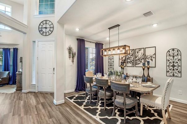 Chandelier, Dining room, Interior, Pendant Lights, Recessed Lighting, Wood Texture Flooring