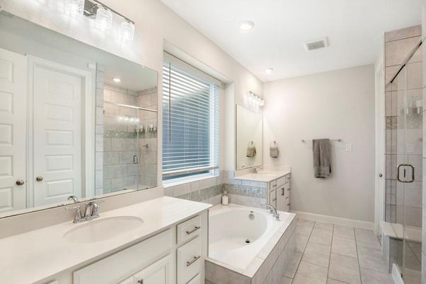 Bathroom, Dual Sink Vanities, Glass Shower, Interior, Recessed Lighting