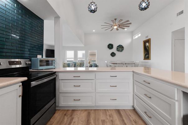 Interior, Kitchen, Pendant Lights, Recessed Lighting, Wood Texture Flooring