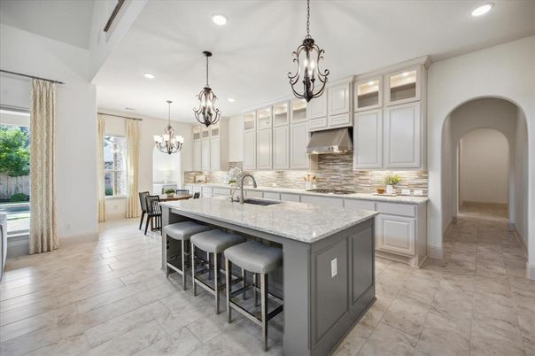 Chandelier, Interior, Kitchen, Pendant Lights, Recessed Lighting, Stainless Steel Appliances, Wood Texture Flooring