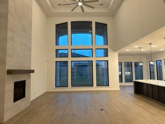 Fireplace, Interior, Pendant Lights, Recessed Lighting, Wood Texture Flooring