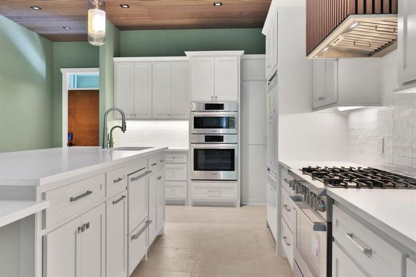 Interior, Kitchen, Pendant Lights, Recessed Lighting, Stainless Steel Appliances, Wooden Ceilings