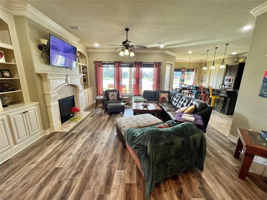 Fireplace, Interior, Kitchen, Living room, Pendant Lights, Recessed Lighting, Wood Texture Flooring