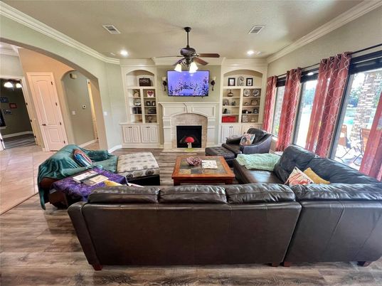 Fireplace, Interior, Living room, Recessed Lighting, Wood Texture Flooring
