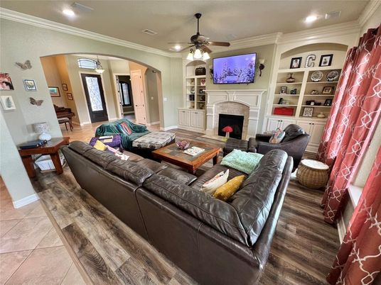 Fireplace, Interior, Living room, Recessed Lighting, Wood Texture Flooring