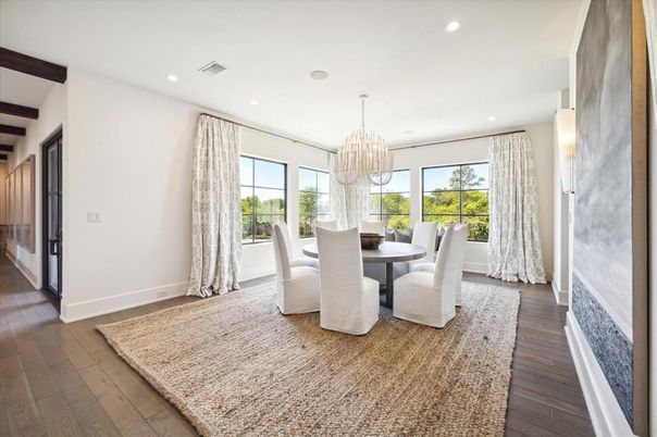 Chandelier, Dining room, Interior, Recessed Lighting, Wooden Beams, Wood Texture Flooring