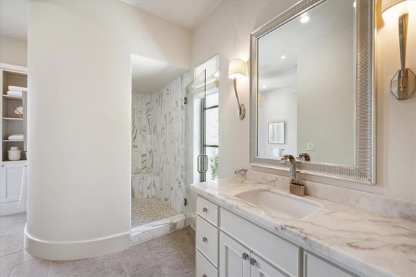 Bathroom, Glass Shower, Interior, Marble, Marble Walls, Recessed Lighting