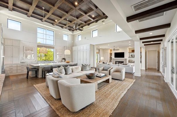 Interior, Living room, Pendant Lights, Recessed Lighting, Wooden Beams, Wooden Ceilings, Wood Texture Flooring