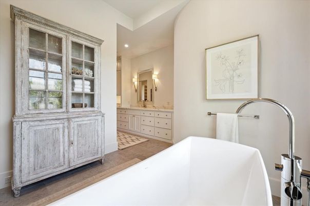Bathroom, Dual Sink Vanities, Free Standing Baths, Interior, Recessed Lighting, Wood Texture Flooring