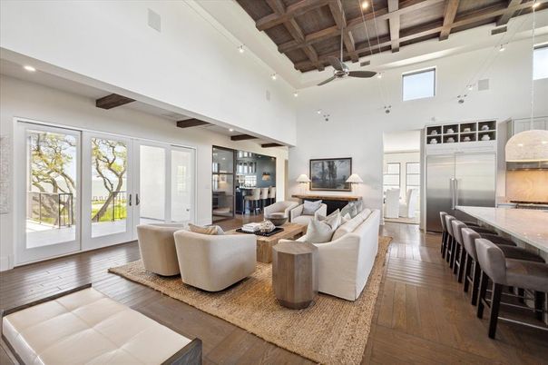 Interior, Kitchen, Living room, Recessed Lighting, Stainless Steel Appliances, Wooden Beams, Wooden Ceilings, Wood Texture Flooring