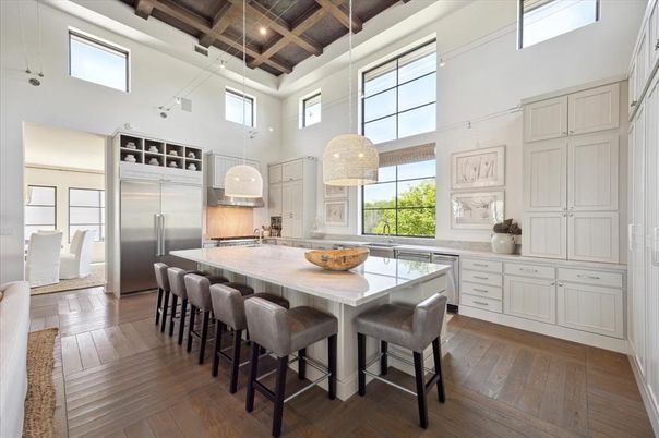 Interior, Kitchen, Pendant Lights, Stainless Steel Appliances, Wooden Beams, Wooden Ceilings, Wood Texture Flooring