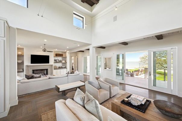 Fireplace, Interior, Living room, Recessed Lighting, Water, Wooden Beams, Wood Texture Flooring