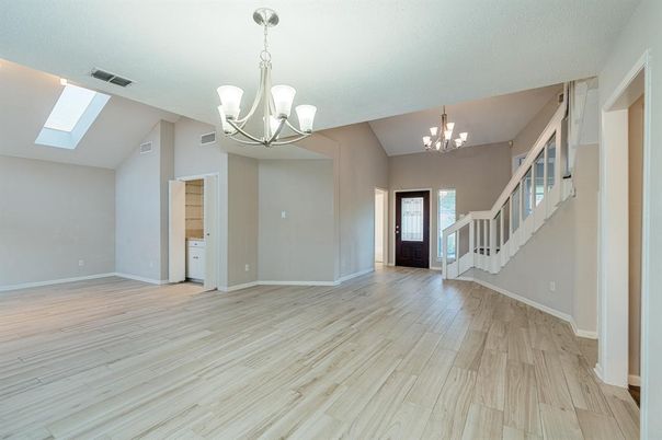 Chandelier, Empty room, Interior, Wood Texture Flooring