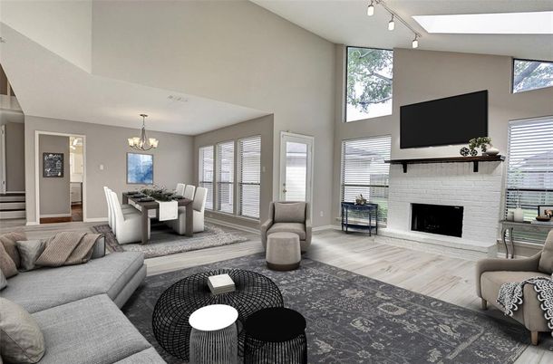Chandelier, Dining room, Fireplace, Interior, Living room, Wood Texture Flooring