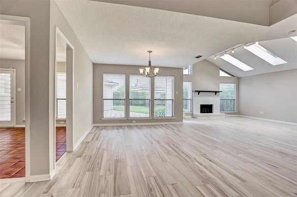 Chandelier, Empty room, Fireplace, Interior, Wood Texture Flooring
