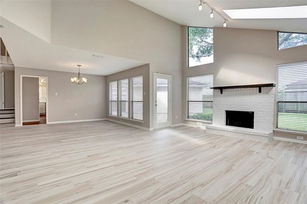 Chandelier, Empty room, Fireplace, Interior, Wood Texture Flooring